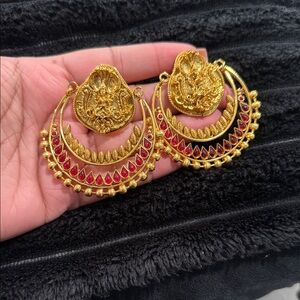 Gold and Red Hoop Earrings